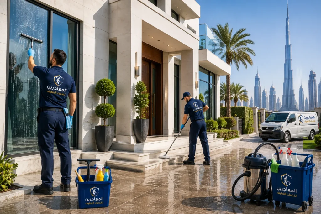 شركة تنظيف بدبي | تنظيف منازل وفلل وشقق بأفضل الأسعار وضمان الجودة 3 تنظيف فيلا فاخرة مع واجهات زجاجية كبيرة وحديقة، يظهر أحد الفنيين ينظف الزجاج بينما يقوم آخر بتنظيف المدخل.