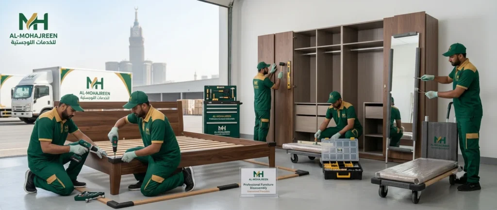 شركة نقل اثاث من جدة الى الرياض | آمن، سريع، مع الضمان 2 عمال يقومون بفك الاثاث عملية احترافية