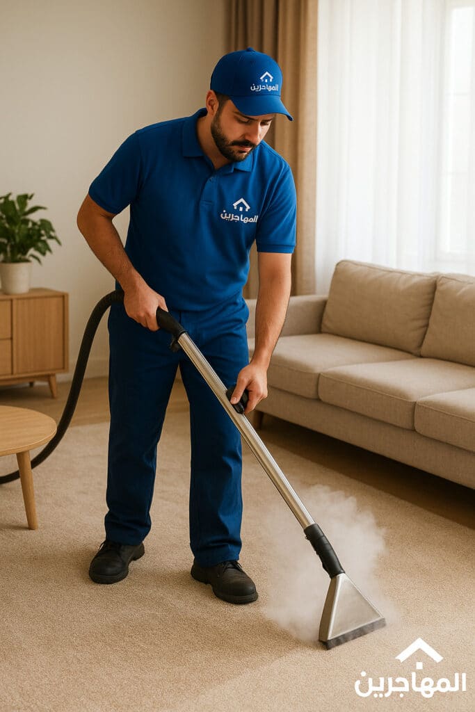 عامل من شركة المهاجرين ينظف موكيت بالبخار في جدة باستخدام تقنيات حديثة