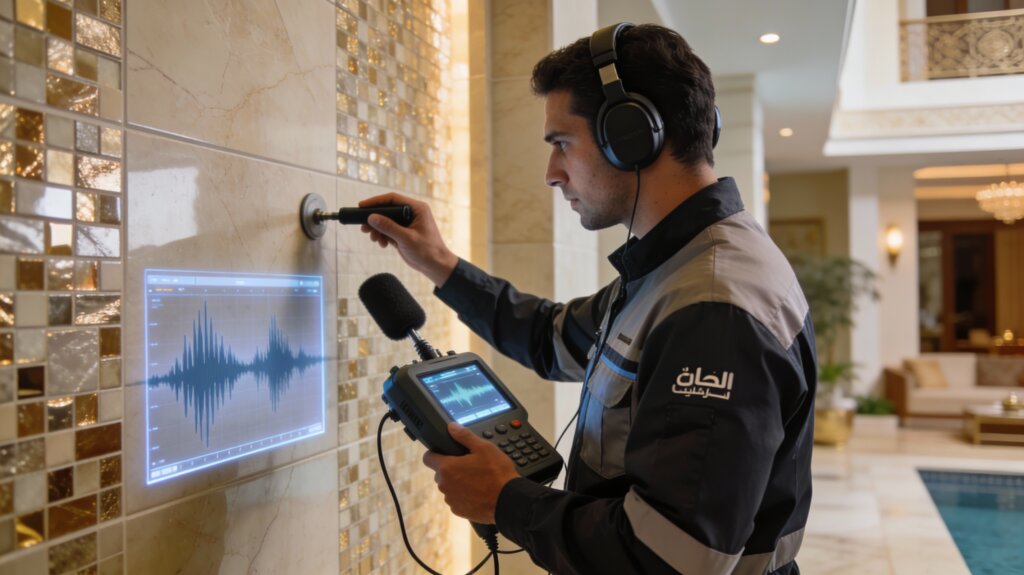 فني يستخدم جهاز الاستشعار الصوتي لتحديد مكان تسرب المياه في أحد منازل جدة بدقة دون الحاجة لتكسير السيراميك