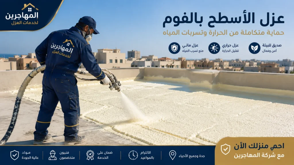 شركة عزل اسطح منازل بجدة 5 فني من شركة المهاجرين يطبق عزل الفوم على سطح منزل في جدة باستخدام ماكينة رش احترافية لتوفير عزل مائي وحراري وحماية المبنى من الحرارة وتسربات المياه.
