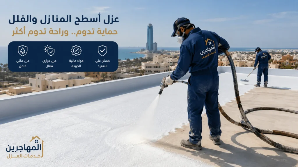 شركة عزل اسطح منازل بجدة 3 فني من شركة المهاجرين ينفذ عزل سطح منزل بجدة باستخدام تقنية رش الفوم لتوفير عزل مائي وحراري وحماية المبنى من الحرارة وتسرب المياه.