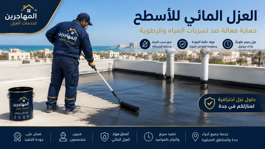 شركة عزل اسطح منازل بجدة 4 فني من شركة المهاجرين يطبق طبقة عزل مائي على سطح منزل في جدة باستخدام مواد عزل احترافية لمنع تسرب المياه وحماية الخرسانة.
