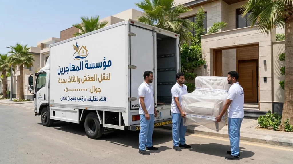 افضل شركة نقل اثاث بجدة | فك وتغليف وضمان 100% | المهاجرين 1 شركة نقل اثاث بجدة عمال يقومون بشحن العفش باحترافية