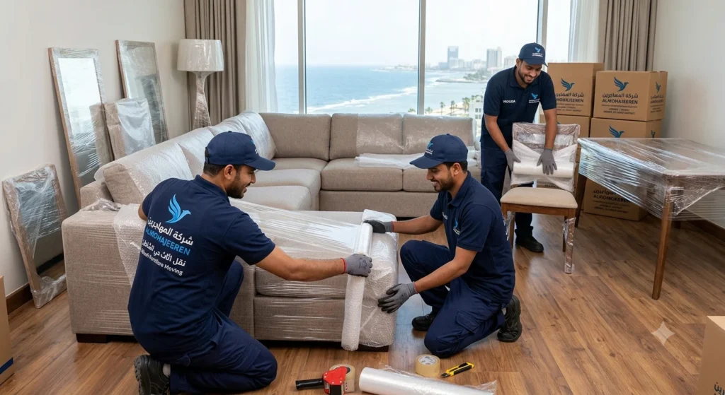 شركة نقل عفش حى الشاطىء بجدة | نقل فاخر يليق بمقامك 3 عمال يقومون بعملية تغليف الاثاث بجدة حى الشاطىء
